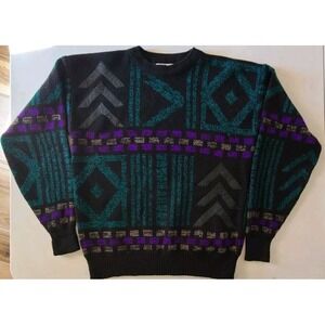 Vintage Sunset Highway Knit Sweater Mens Large Geometric Leather Grandpa Style